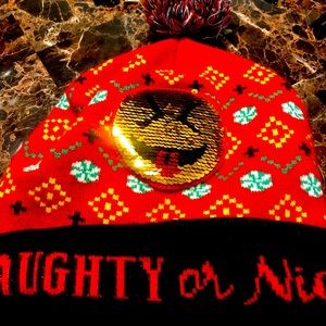 Naughty or Nice Reverse Sequin Smiley Emoji Holiday Beanie Pom Pom Hat One Size